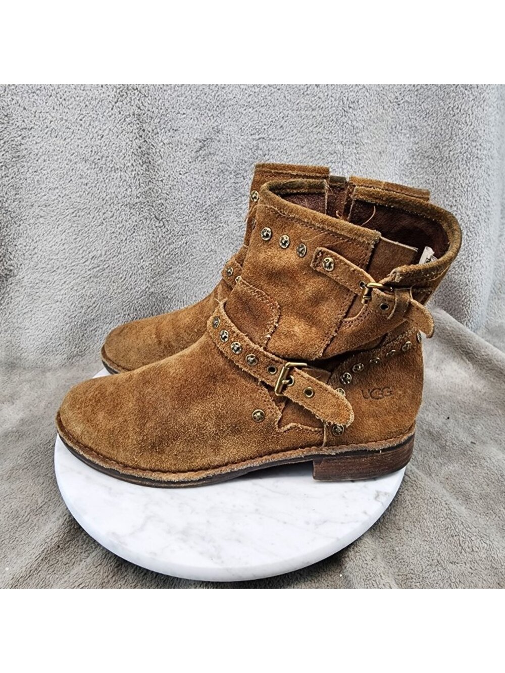UGG Shoes Womens Size 10 Brown Suede Fabrizia Studs Moto Ankle Boots *Read*